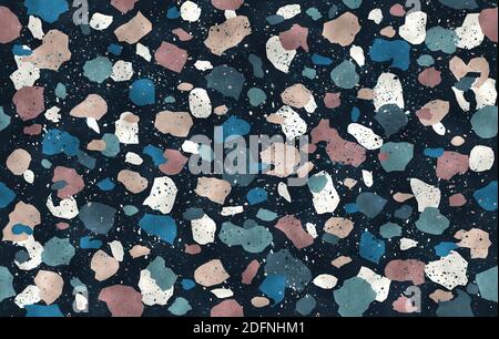 Vintage Nahtloses Terrazzo-Muster im Retro-Stil. Farbenfrohe Retro-Muster mit Terrazzo-Struktur. Vintage Steinstruktur. Stockfoto