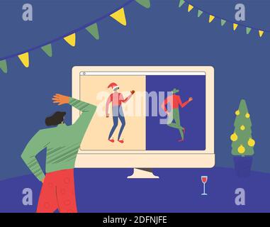Weihnachten Online-Feier während Pandemie des Coronavirus. Junge Menschen tanzen mit Videoanruf. Online-Party und Feiertagsveranstaltung. Erwachsene Freunde haben Stock Vektor