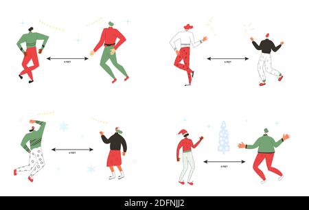 Weihnachtsfeier während der Pandemie des Coronavirus. Junge Menschen tanzen mit sozialer Distanzierung. Erwachsene Zeichen isoliert auf weißem Hintergrund Stock Vektor