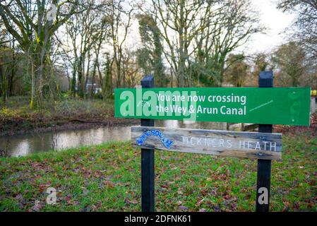 Wey und Arun Canal nicht schiffbare Abschnitt in Tikkners Heath. Teil von Wey South Pfad öffentlichen Fußweg durch Chiddingfold Wald. Surrey Wildlife Trust Stockfoto