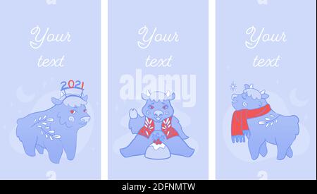 Frohes neues Jahr 2021 - vertikale Vorlagen mit niedlichen Oxes im modernen Stil, leeren Hintergrund gesetzt. Weihnachten Vorlagen Geschichten mit Copyspace gesetzt Stock Vektor