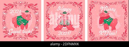 Quadratische Vorlagen von Weihnachten Grußkarten mit Zweigen Rahmen. Grußkarten mit Tierkreisbullen in chinesischen Kostümen Stock Vektor