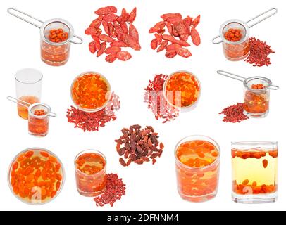 Sammlung von getrockneten Goji Beeren und Tinktur von ihnen isoliert Auf weißem Hintergrund Stockfoto