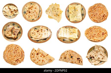 Set aus verschiedenen Naan (indisches Fladenbrot) isoliert auf weißem Hintergrund Stockfoto