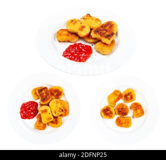 Set von gebratenen Hähnchennuggets auf weißem Teller isoliert auf Weißer Hintergrund Stockfoto