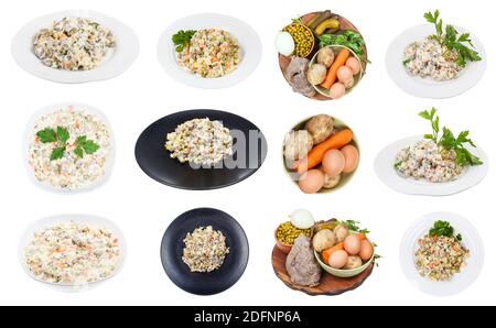 Sammlung von russischen Olivier Salaten und seine Zutaten isoliert auf Weißer Hintergrund Stockfoto