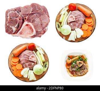 Set von italienischen Gericht Ossobuco und seine Zutaten isoliert auf Weißer Hintergrund Stockfoto