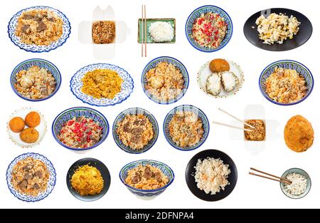 Sammlung von verschiedenen Gerichten aus Reis isoliert auf weißem Hintergrund Stockfoto