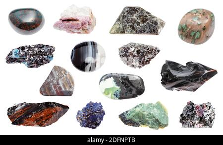 Sammlung von verschiedenen Proben von natürlichen Mineralien (Achat, Blutstein, Nundoorit, Glimmer, Turmalin, Azurit, Phlogopit, Obsidian, Granat, Jaspilit, Stockfoto