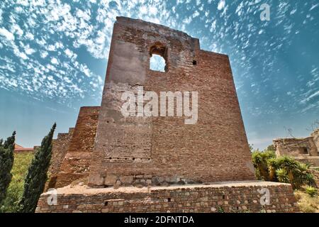 Eine sehr alte Mauer der Alcazaba von Malaga, eine palastartige Festung aus der islamischen Zeit des 11. Jahrhunderts, erbaut in Malaga, Costa del Sol, Andalu Stockfoto