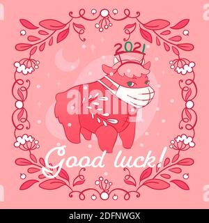 Weihnachts-Postkartenvorlage mit handgezeichneter Ochse in Maske. Happy 2021 - Grußkarte mit Sternzeichen-Stier. Quadratische Schablone für Web und Print Stock Vektor
