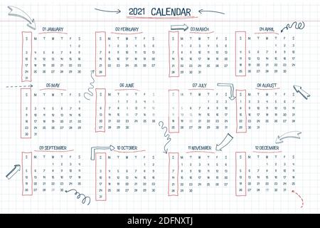 2021Kalender handgezeichneter Text Schule Note Stil, karierte Notizbuch Blatt mit lineart Pfeile und Rahmen. Die Woche beginnt am Sonntag. Wand Jahreskalender d Stock Vektor