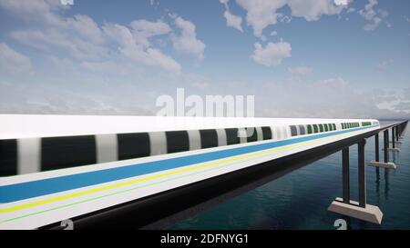 Moderne Zug Magnetschwebebahn hyperloop auf See futuristische Transport 3d Rendern Stockfoto