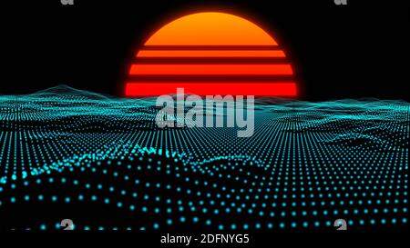 Retro Cyber tech 90 Gitter Landschaft Abstrakt Drahtmodell Blau neon 3D-Rendering für Lichtdatenfluss Stockfoto