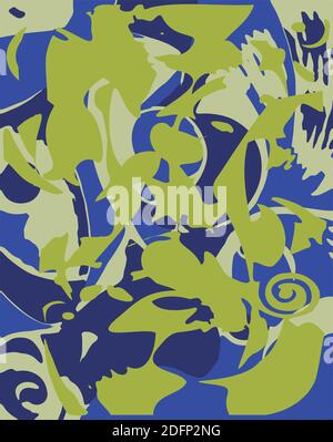 Abstrakter Hintergrund von Vektor Farbe Kunst Design. Blauer und grüner Hintergrund. Lustige Doodle Zeichnung Hintergrund mit abstrakten Formen und Farben. Modernes Vektormuster Stock Vektor