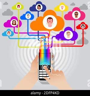 Ein Mobiltelefon, das sich über ein soziales Online-Netzwerk mit Freunden verbindet. Stockfoto