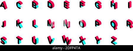 Kreativer Stil isometrisches 3d-Alphabet auf weißem Hintergrund isoliert. TIK Tok Farbbuchstaben des sozialen Netzwerks. Vektorgrafik Stock Vektor