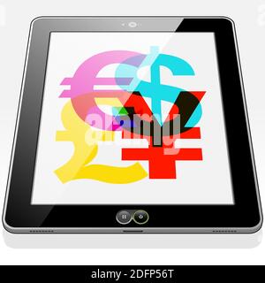 Eine Gruppe von internationalen Währungssymbolen 'Euro, Dollar, Britisches Pfund und Yen', die auf einem Tablet-PC-Bildschirm dargestellt werden. Stockfoto