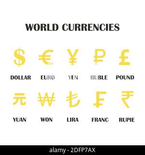 Weltwährungszeichen Satz von verschiedenen Ländern wie Dollar, Euro, Rubel und andere. Vektorgrafik Sammlung von Währungen Symbol Stock Vektor