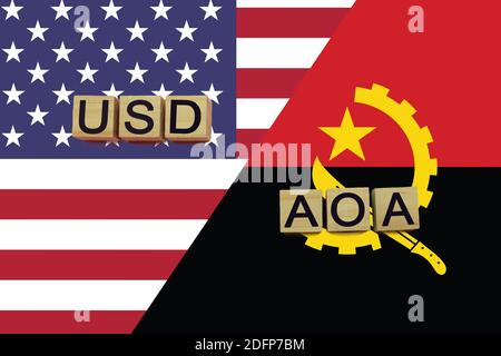 USA und Angola Währungen Codes auf nationalen Flaggen Hintergrund. Internationales Geldtransferkonzept Stockfoto