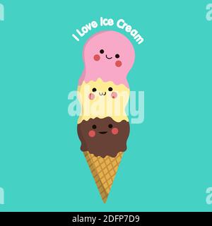 Hintergrund mit drei schönen Kugeln aus Eis Kegel Waffel niedlichen Charakter. Süßer Sommergenuss mit Schokolade, Vanille und rosa Farbvektor illust Stock Vektor
