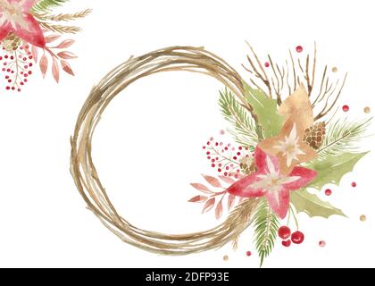 Frohe Weihnachten Urlaub Kranz. Blumenrahmen im Winter. Gold Hand Schriftzug Scrapbooking Set. Hochzeit Weihnachtskarte. Scrapbook-Elemente Stock Vektor