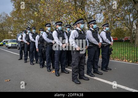 Met Police auf Standby als Unterstützer von Tommy Robinson sammeln Speakers' Corner im Hyde Park unter Polizeiaufsicht. London, Großbritannien. Stockfoto