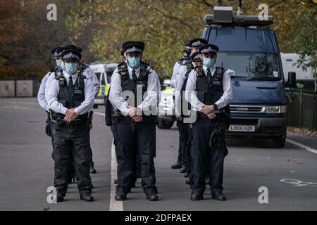 Met Police auf Standby als Unterstützer von Tommy Robinson sammeln Speakers' Corner im Hyde Park unter Polizeiaufsicht. London, Großbritannien. Stockfoto