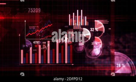 Abbildung des Diagrammkonzepts. Wirtschaft, Global Business, Statistik, Krise und Finanzen. Abstrakte Grafiken und Diagramme auf rotem Hintergrund. Stockfoto