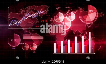 Karten und Grafik auf Weltkarte auf rotem Hintergrund. Abstraktes Konzept der Wirtschaft, Statistik, Analyse, Krise, globale Wirtschaft und Finanzen. Elemente Abb. Stockfoto