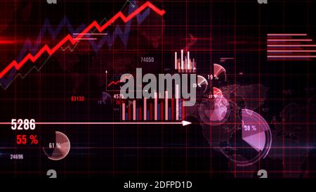 Abbildung des Diagrammkonzepts. Wirtschaft, Global Business, Statistik, Krise und Finanzen. Abstrakte Grafiken und Diagramme auf rotem Hintergrund. Stockfoto