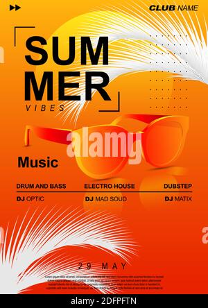 Elektronische Musik Cover Design für Sommer Fest oder DJ Party Flyer. Sommermusikplakat mit Sonnenbrille und Palmblättern. Stock Vektor