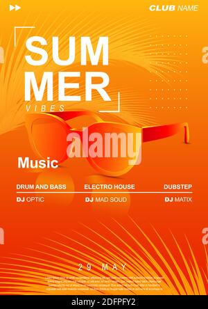 Sommermusikplakat mit Sonnenbrille und Palmblättern. Elektronische Musik Cover Design für Sommer Fest oder DJ Party Flyer. Stock Vektor