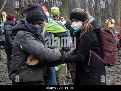 Dannenrod, Deutschland. Dezember 2020. Die Klimaaktivistin Luisa Neubauer (r) trägt zusammen mit anderen Aktivisten einen Baum auf der Lichtung des Waldes in Dannenrod. Hier im Dannenrod-Wald wurde in den letzten Wochen der Gang für den umstrittenen Weiterbau der Autobahn 49 geräumt. Quelle: Lukas Clobes/dpa/Alamy Live News Stockfoto