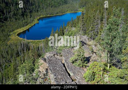 Blick vom Liberty Falls Trail hinunter zu einem namenlosen Seenamen, der zwischen Fichten in einem engen Tal liegt Stockfoto