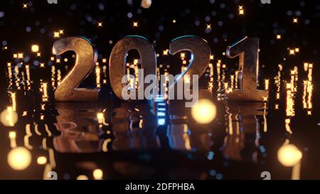 Nahaufnahme der Goldzahl 2021 auf reflektierendem schwarzen welligen Boden mit eisblauem Bokeh Hintergrund. Goldene Teilchen fliegen herum. Frohes neues Jahr 2021. 3D ren Stockfoto