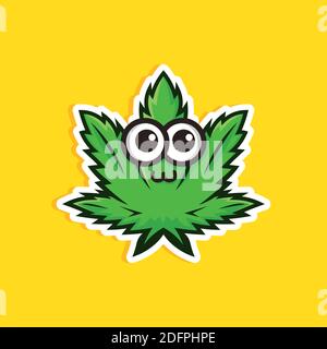 Niedliches Cannabisblatt auf gelbem Hintergrund. Cartoon-Stil. Medizinische cbd-Öl und Hanf Salbe Aufkleber. vektor-Illustration. Stock Vektor