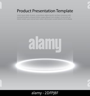 Neonsockel. Weiß leuchtender Ring auf glänzendem Boden. Abstrakter Hi-Tech-Hintergrund für Display-Produkt. Vektorvorlage. Stock Vektor