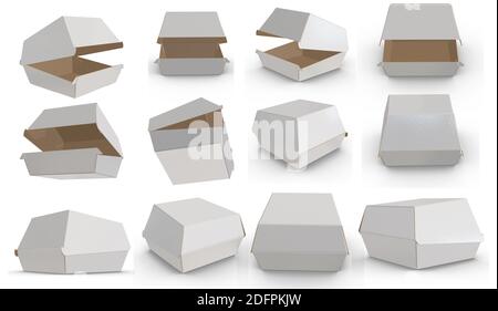 3D-Rendering - hochauflösendes Bild weiße Fast-Food-Verpackungsvorlage isoliert auf weißem Hintergrund, hochwertige Details aus Karton Stockfoto