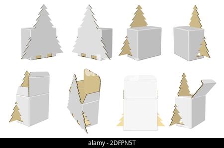 3D-Rendering - hochauflösendes Bild von weißen Weihnachtsbaum Box Vorlage isoliert auf weißem Hintergrund, hochwertige Details aus Pappe. Stockfoto