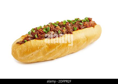 Juicy zog Schweinefleisch Hot Dog auf weiß Stockfoto