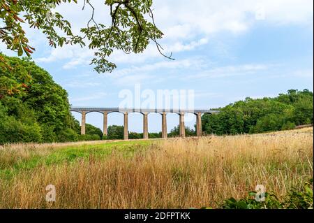 Schiffbare Pontcysyllte Aquädukt, trägt die Llangollen Kanal Gewässer über den Fluss Dee im Tal von Llangollen im Nordosten von Wales. Stockfoto