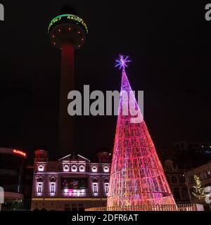 Ein großer, farbenfroher Weihnachtsbaum, der im Dezember 2020 auf dem Williamson Square in Liverpool vor dem Playhouse-Theater gefangen wurde. Stockfoto