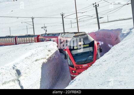 BERNINA Express, roter Zug in der Wintersaison. Stockfoto