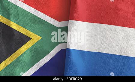 Niederlande und Südafrika zwei Flaggen Textil Stoff 3D-Rendering Stockfoto