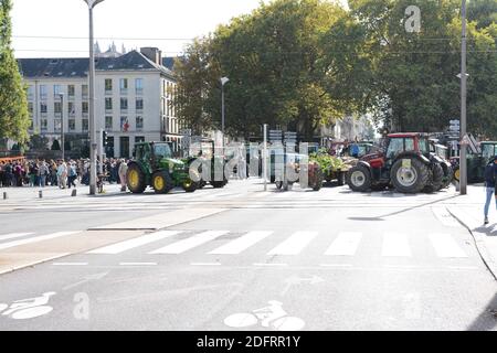 Am 12. Oktober 2018 versammeln sich Menschen vor der Präfektur Nantes, Westfrankreich, um Menschen zu unterstützen, die sich selbst als "zadistes" aus dem französischen Wort "Zone A Defendre" (ZAD) bezeichnen und den Standort eines verlassenen Flughafenprojekts in der Nähe der westlichen Stadt Nantes in Notre-Dame-des-Landes verteidigen, Während eines Lenkungsausschusses über die Zukunft von Ackerland in der ZAD (Zone to Defend). Foto von Ronan Hussin/ABACAPRESS.COM Stockfoto