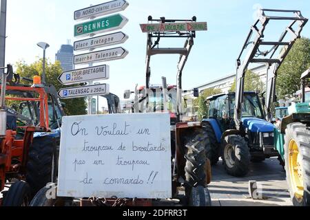 Am 12. Oktober 2018 versammeln sich Menschen vor der Präfektur Nantes, Westfrankreich, um Menschen zu unterstützen, die sich selbst als "zadistes" aus dem französischen Wort "Zone A Defendre" (ZAD) bezeichnen und den Standort eines verlassenen Flughafenprojekts in der Nähe der westlichen Stadt Nantes in Notre-Dame-des-Landes verteidigen, Während eines Lenkungsausschusses über die Zukunft von Ackerland in der ZAD (Zone to Defend). Foto von Ronan Hussin/ABACAPRESS.COM Stockfoto