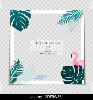 Natürlicher Hintergrund Foto Frame Template mit Palm Blätter amd niedlichen rosa Flamingo für Post in Social Network. Vektorgrafik Stock Vektor