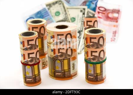 Ein weißer Hintergrund, monetäre Stückelungen Vorteil 50 Euro Stockfoto