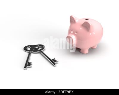 Neues Hypothekenkonzept. Schlüssel und Sparschwein Stockfoto